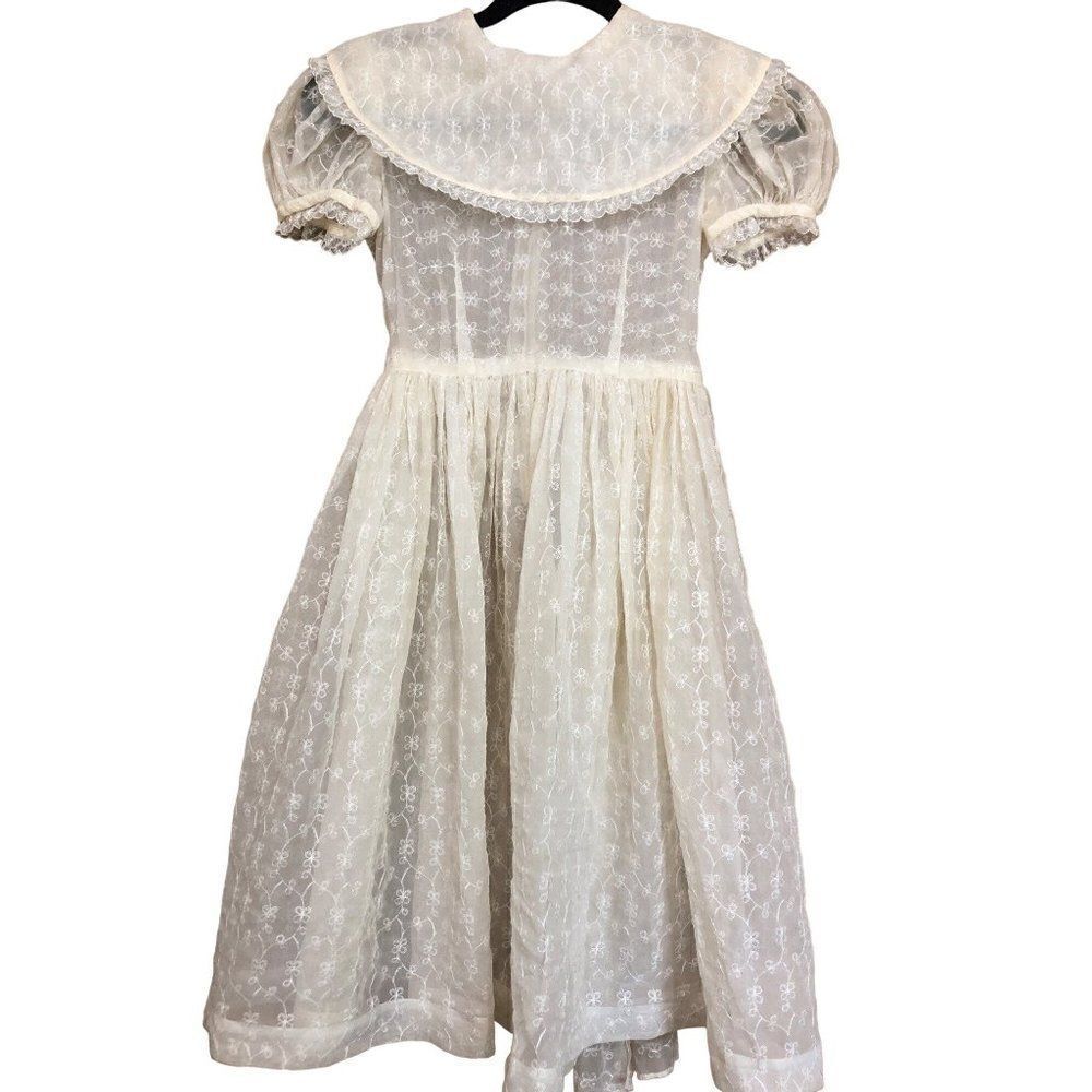 Vintage White Lace Dress Embroidered Semi Sheer Short Sleeve Girls Size 8-10